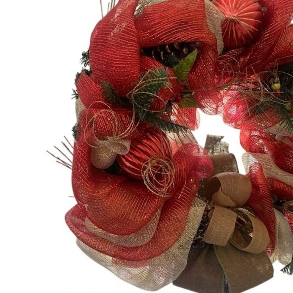 Christmas Deco Mesh Wreath Red Gold‎ Burlap Rustic Holiday Door Decor Pinecones